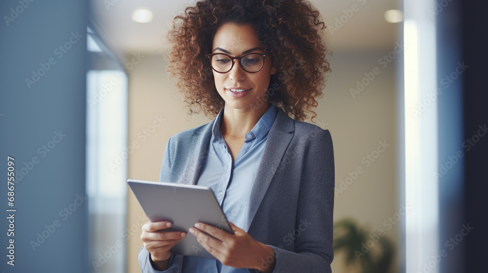 Businesswoman stands in an office with a tablet in her hands. - obrazy, fototapety, plakaty 