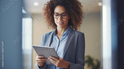 Businesswoman stands in an office with a tablet in her hands.