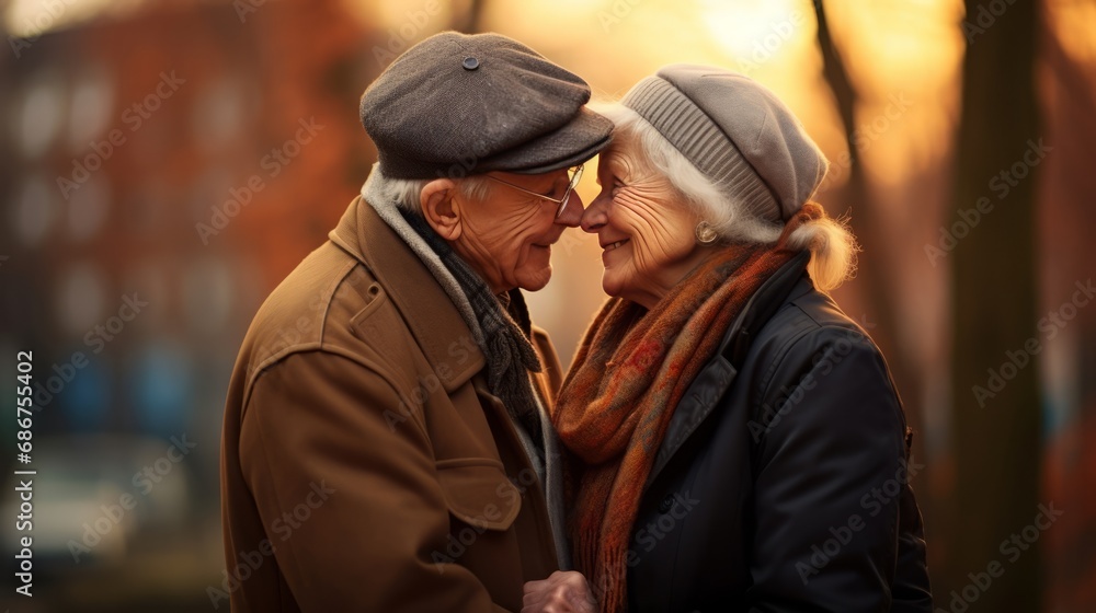 Portrait of a happy lover hugging an elderly couple, a man and a woman on the street. Wrinkled faces, gray hair of the elderly.