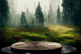 Wooden round podium realistic 3d illustration, forest on the background scenery 3D render of empty product pedestal in natural environment, green trees around, soft day light