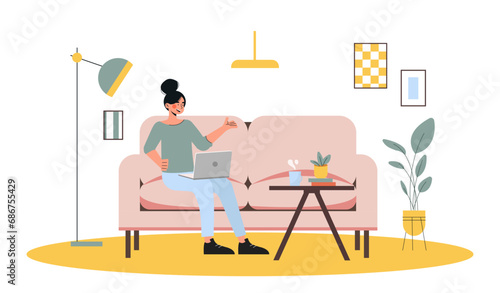 Online communication concept. Woman with laptop answer to messages at messengers and email. Distance worker and freelancer, blogger. Cartoon flat vector illustration isolated on white background