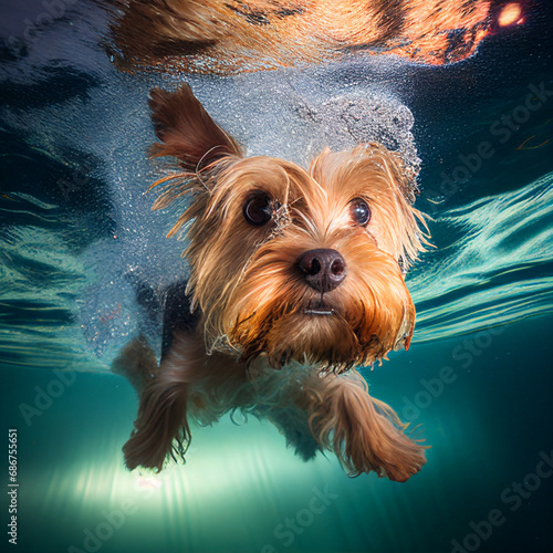 A small dog dives underwater in a swimming pool. The dog is looking at the camera with a serious expression on its face, and there are bubbles coming out of its water