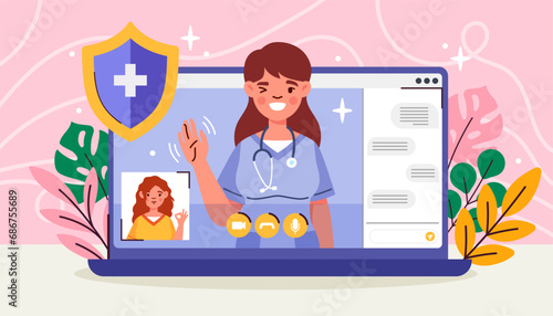 Online medical services concept. Nurse in blue medical uniform at computer screen. Telemedicine service on internet. Health care, diagnosis and treatment. Cartoon flat vector illustration