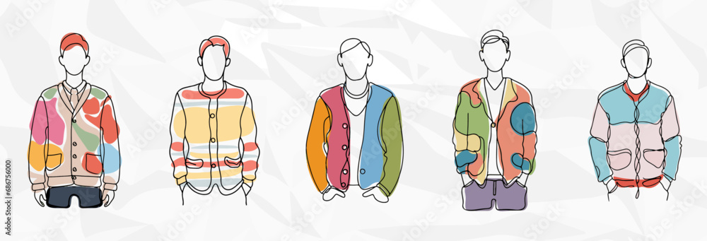 Fototapeta premium Lebendige Strickkunst: Bundle mit Männern in bunten Strickjacken als künstlerische Lineart-Illustrationen