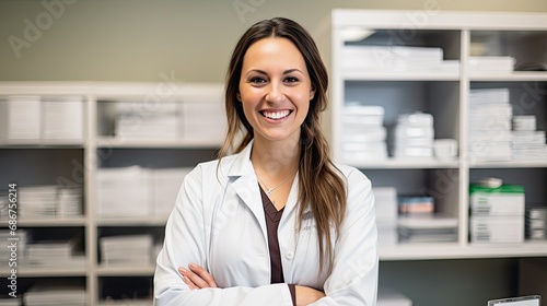 Portrait of confident female pharmacist in the pharmacy photo
