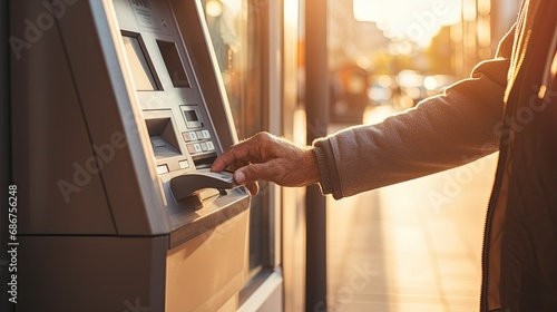 close up hand using an outdoor ATM machine, sunlight