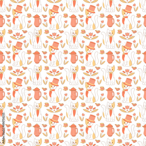 Seamless pattern with vintage cats characters on a white background. Flat color vector illustration.