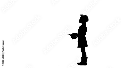 Portrait of farmer isolated on white background with alpha channel. Silhouette of little girl gardener in hat standing and holding watering can.