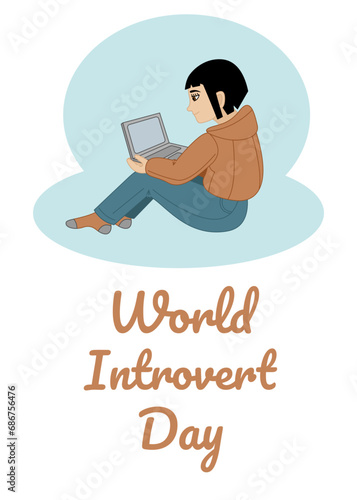 Poster for World Introvert Day with a girl with a laptop. Flat color vector illustration.
