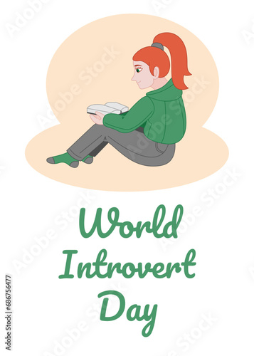 Poster for World Introvert Day with a girl reading a book. Flat color vector illustration.
