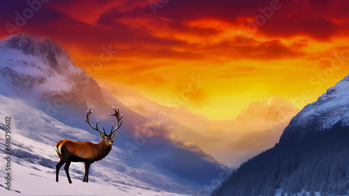 Deer in the mountains at sunset, snow mountain in the sunset, 