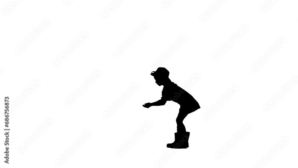 Portrait of farmer isolated on white background with alpha channel. Silhouette of little girl gardener in hat standing and holding seeds in hand ready to plant.