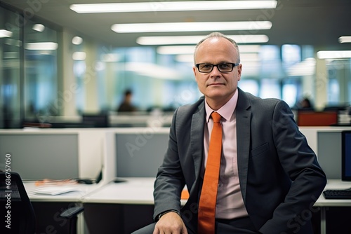 executive and portrait of a businessman in an office, mature ceo workint with pride and confidence, in workplace background