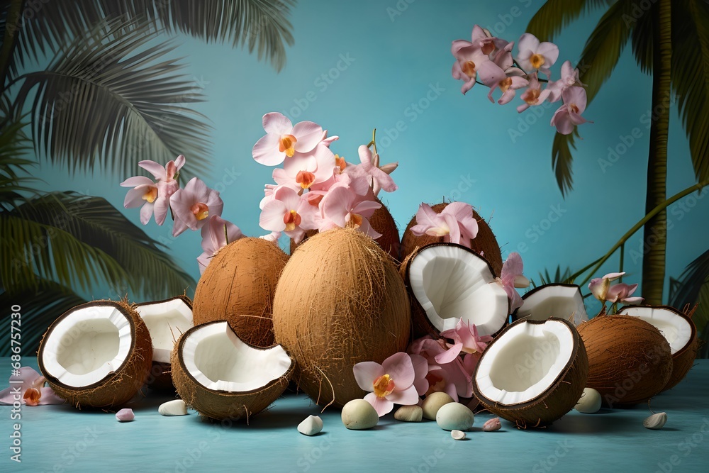 Pastel Backdrop with Open Coconuts, Seamless, Arrangement, Tropical, Exotic Pastel Backdrop with Open Coconuts, Seamless, Arrangement, Tropical, Exotic