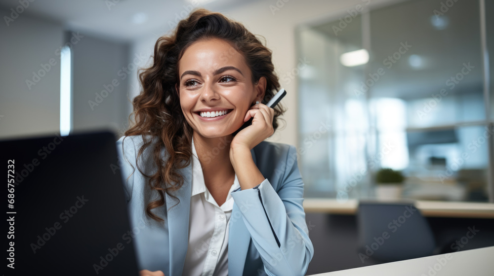 Happy smiling woman working on a laptop in the office Happy smiling woman working on a laptop in the office