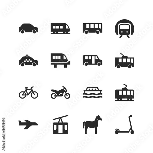 Urban transport icons set. Public transportation. Car, bus, train, subway, motorcycle, motor ship, bicycle, cable car. Editable stroke width. Black and white style