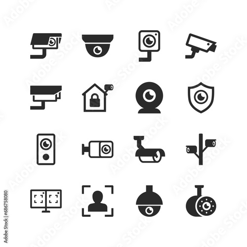 Surveillance camera icons set. Security camera. Camera for installation on a pole, on the house, desktop on a stand. Online live transmission and video recording. Black and white style photo