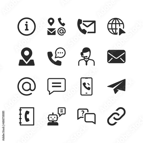 Contact us icons set. Contacting the business and whether the company. Options for contacting support. Consultation and question answering. Black and white style