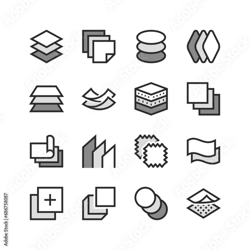 Layers of material icons set. Multilayer. Layered material, structure and properties. Black and white style