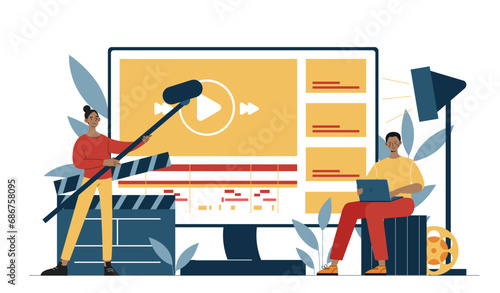 Video editing concept. Processing of content for hostings. Man with laptop and woman with microphone. Film and series production. Cartoon flat vector illustration isolated on white background