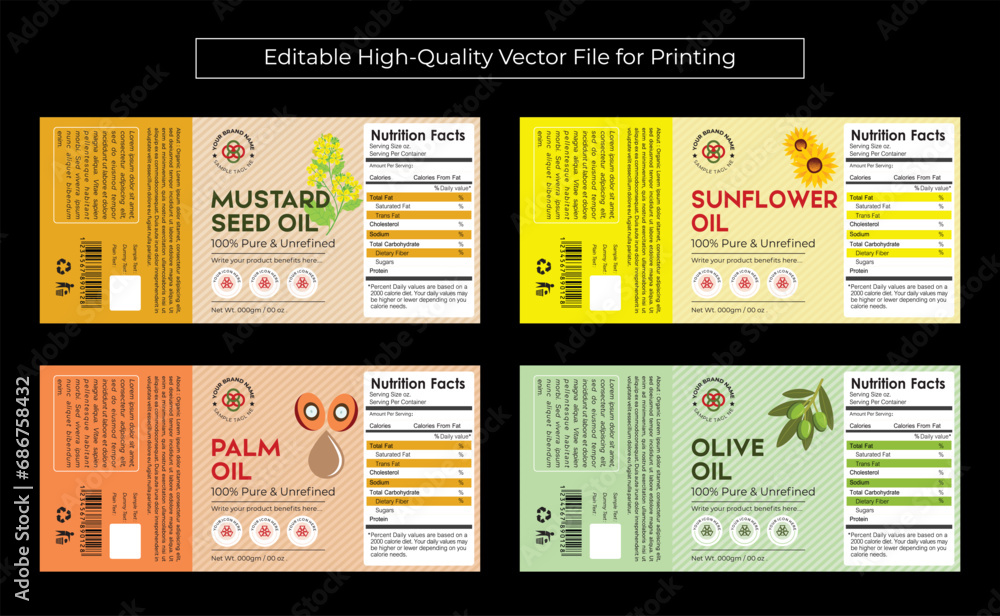 Oil Label Design for Sunflower Mustard Seed Oil Olive Palm safflower Castor Flax seed Sesame ...