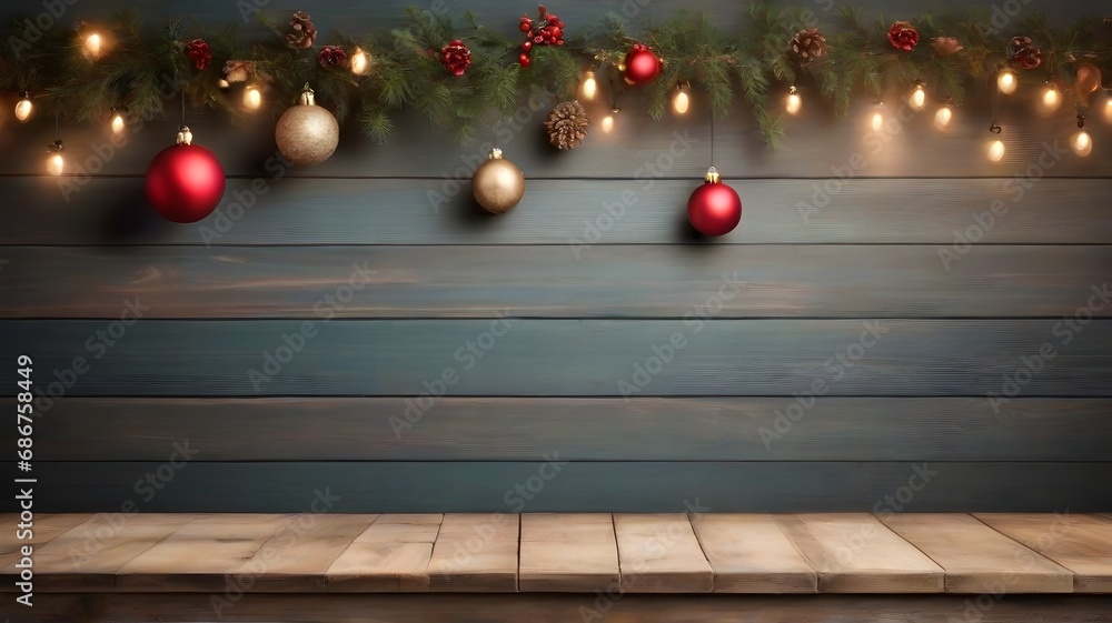 Empty wooden table with Christmas background