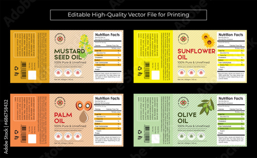 Oil Label Design for Sunflower Mustard Seed Oil Olive Palm safflower Castor Flax seed Sesame Coconut Oil Label, Editable high quality edible oil pure and natural labels design template
