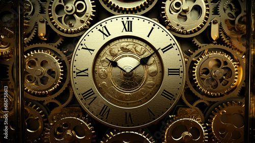 close-up of a classic clock face surrounded by intricate golden gears and cogs, symbolizing time, machinery, precision, and the olden days photo