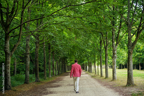 Man walks down a path shaded by trees in Versailles, France; Versailles, France photo