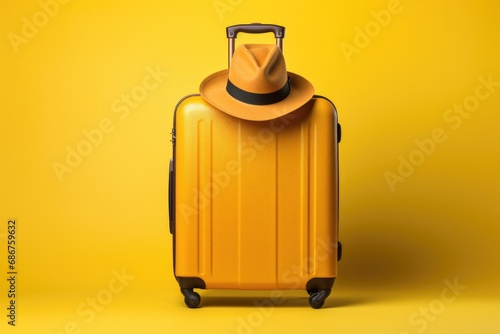 Yellow suitcase with hat on bright solid yellow background.
