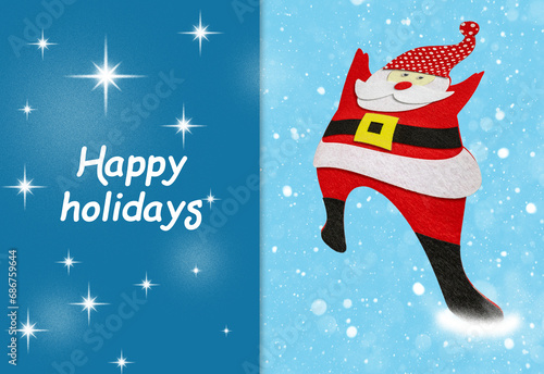 Fanny Santa Claus is coming on blue background, Happy holidays. Christmas card