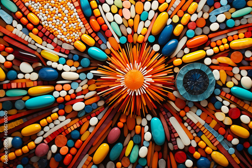 a large array of pills, capsules, and tablets, in the style of disintegrated, mosaic composition created with Generative Ai