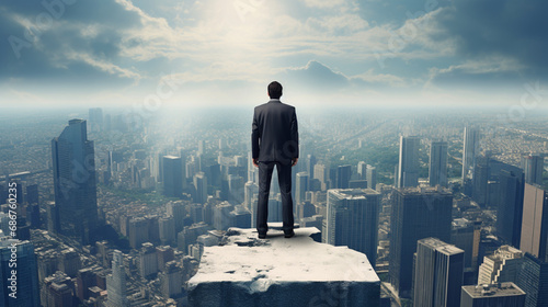 Businessman with his back turned thinking about a goal above a larger gap seeing the entire city photo