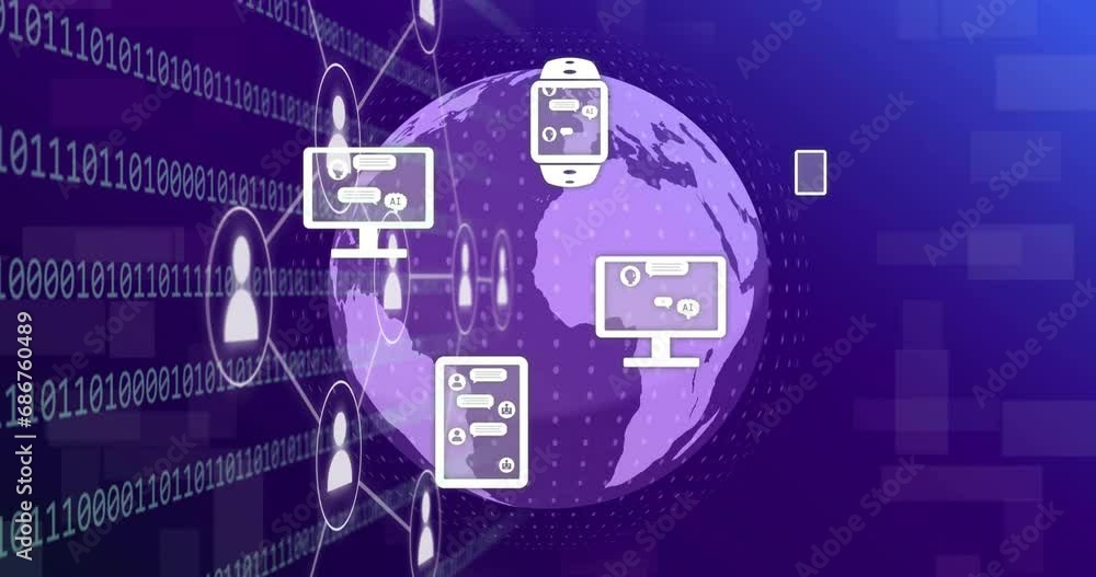 Animation of flowchart, application icons, binary codes and rotating globe over abstract background Animation of flowchart, application icons, binary codes and rotating globe over abstract background