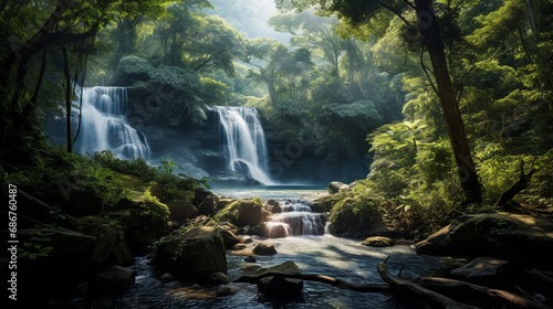 Powerful Cascading Waterfall in Dense Forest Background
