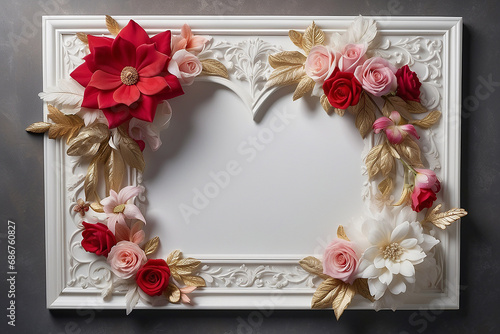 Elegant floral frame with a mix of red and pink paper flowers and golden leaves on a white ornate background  perfect for wedding or greeting card designs.