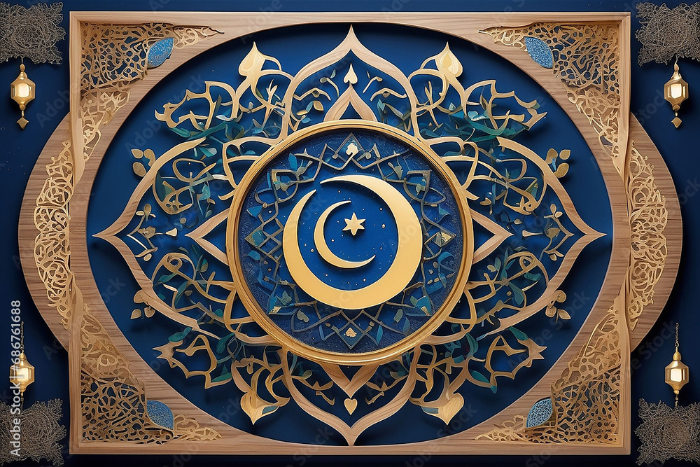 Intricate Islamic art with crescent moon and star, featuring ornate patterns and lanterns on a blue background.