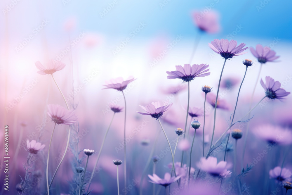 A dreamy field of purple wildflowers basking in the soft hues of a tranquil dusk,