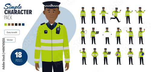 Simple flat black police man officer vector character in a set of multiple poses. Easy to edit and isolated on a white background. Modern trendy style character mega pack with lots of poses.