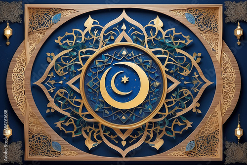 Intricate Islamic art with crescent moon and star  featuring ornate patterns and lanterns on a blue background.