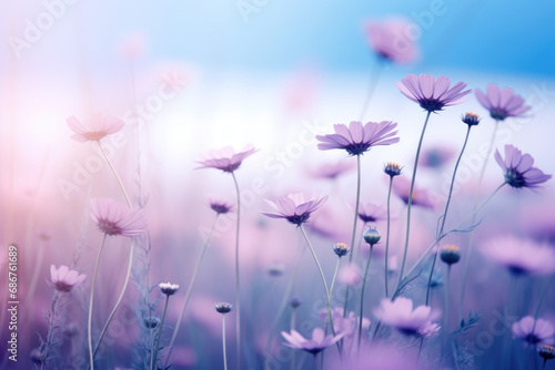 A dreamy field of purple wildflowers basking in the soft hues of a tranquil dusk, © Anna
