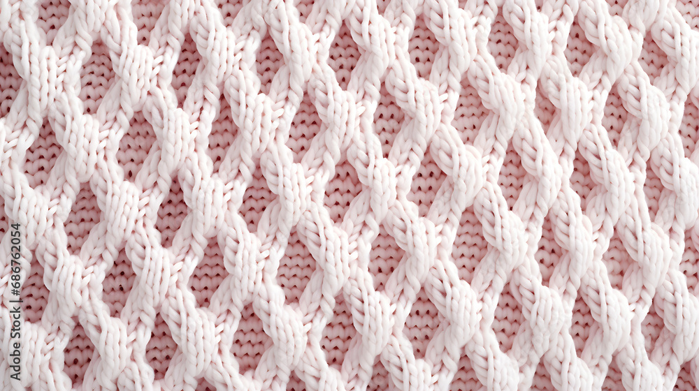Knitted wool texture background. Close up of white and pink knitted fabric for cozy autumn and Christmas