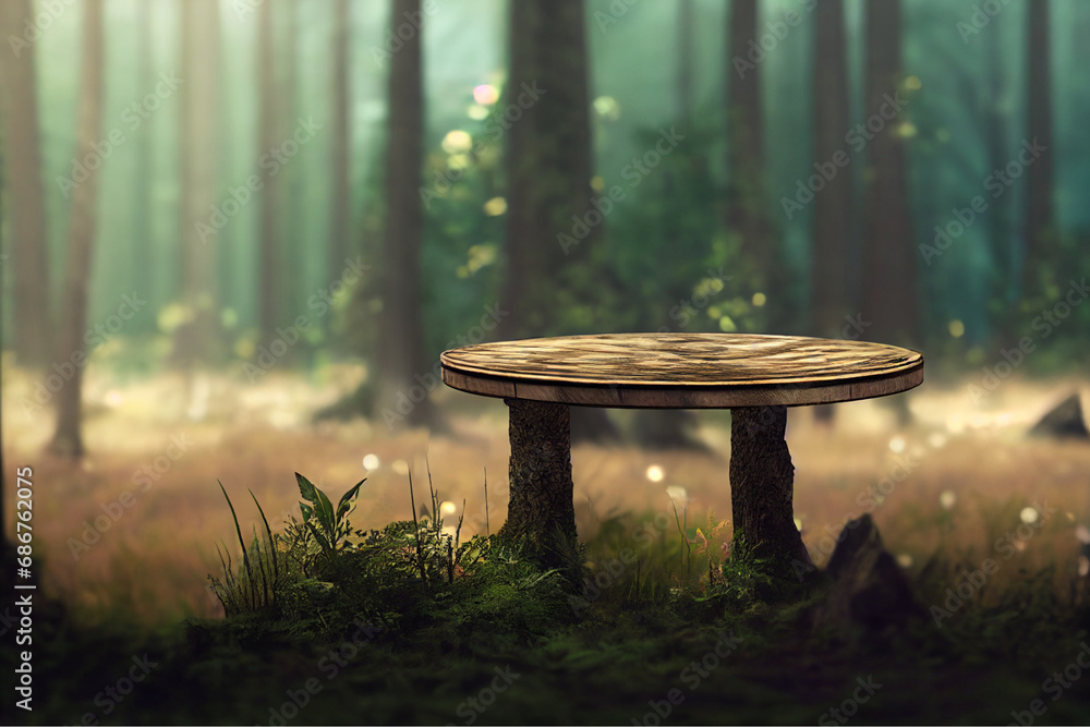 Wooden round podium the green forest 3d illustration, scenery of empty product table in natural environment, green trees around, soft daylight