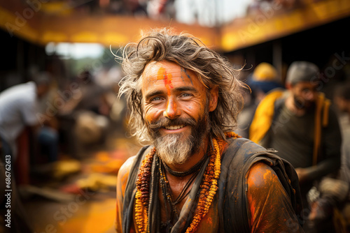 Portrait of a smiling man with traditional orange paint and garlands, representing the colorful and spiritual culture of India.