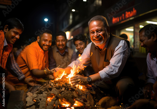 A joyful group of Indian men bonding over a warm bonfire on a lively street at night, sharing happiness and laughter. photo