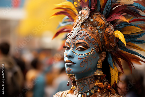 Colorful and ornate carnival performer with feathered headdress and detailed makeup at a festive cultural celebration.