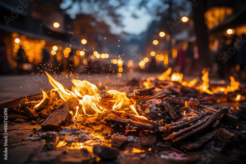 A warm, inviting bonfire with sparks flying, creating a cozy atmosphere during a twilight evening outdoors. © apratim