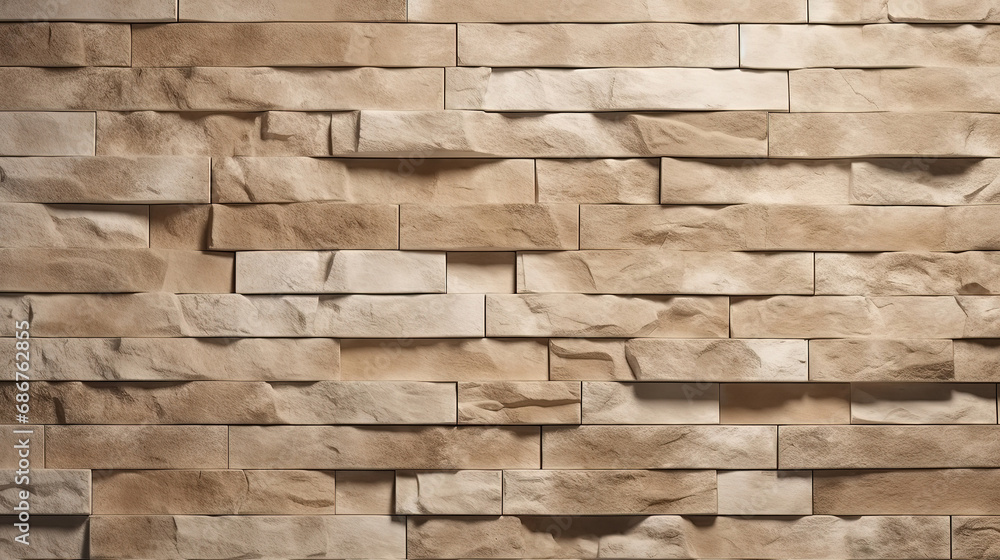 Fototapeta premium Beige stone tilled wall texture background. Generative Ai
