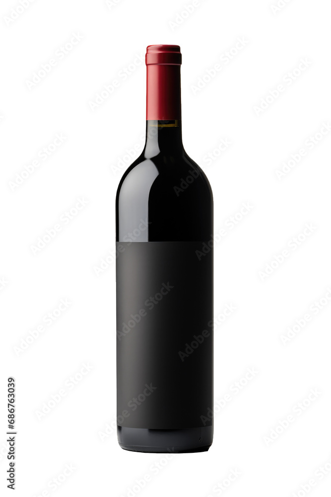 Front view mockup red wine bottle with empty label isolated on a cut out PNG transparent background Front view mockup red wine bottle with empty label isolated on a cut out PNG transparent background