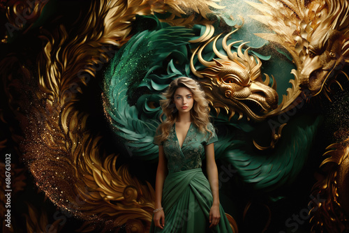 Portrait of a young girl on the background of an abstract fairy-tale dragon.